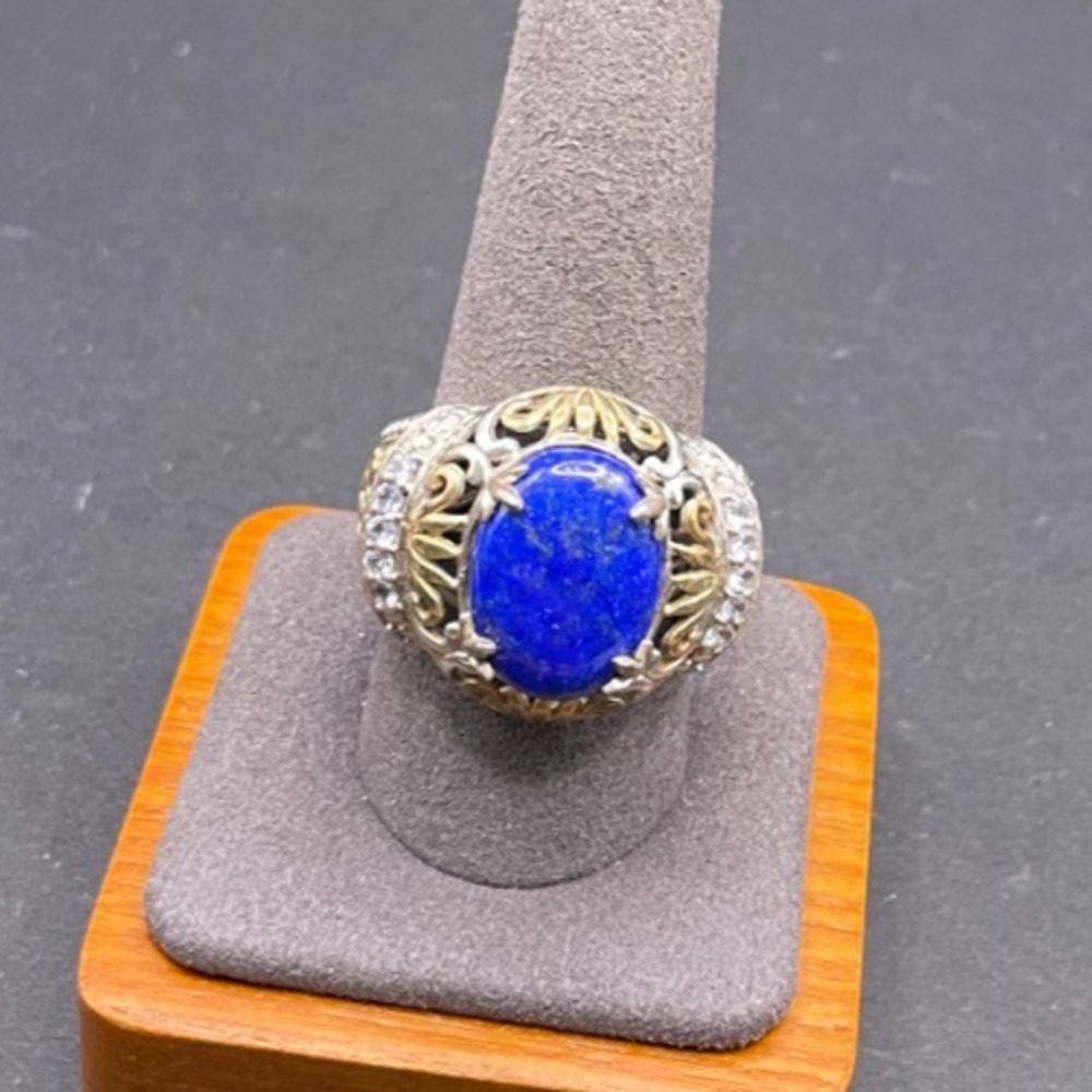 Vintage 925 Sterling Silver Lapis Lazuli Ring Two Tone Gold Filigree Size 10